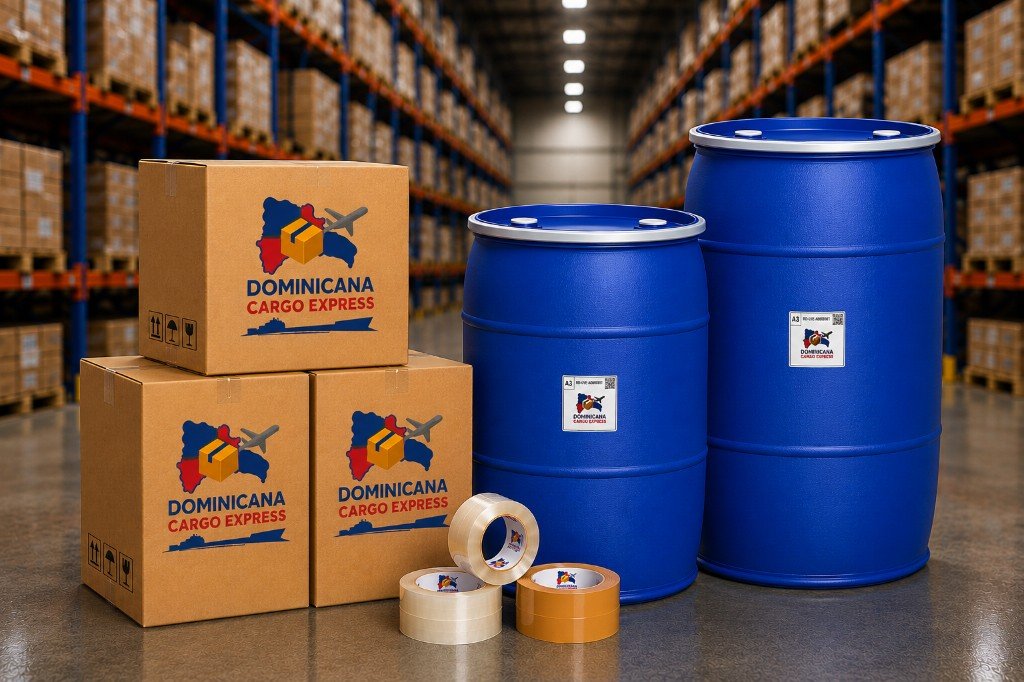 Cajas, cinta adhesiva y barriles de Dominicana Cargo Express